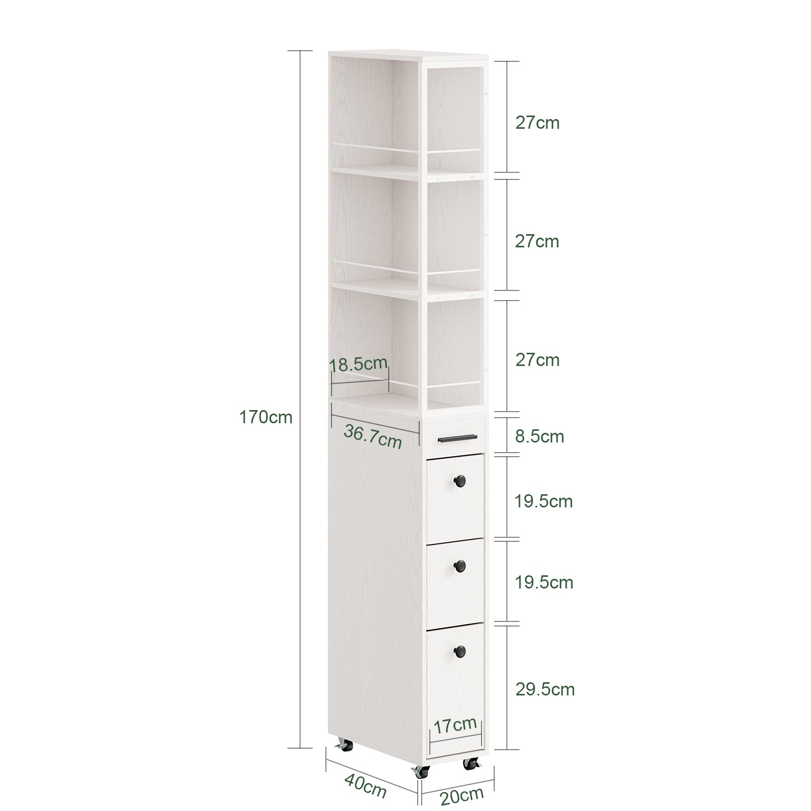 SoBuy Schmaler Schrank mit 4 Schubladen Creme Weiß Rollen 3 offene Böden 40x20x170 cm NSR13-WG
