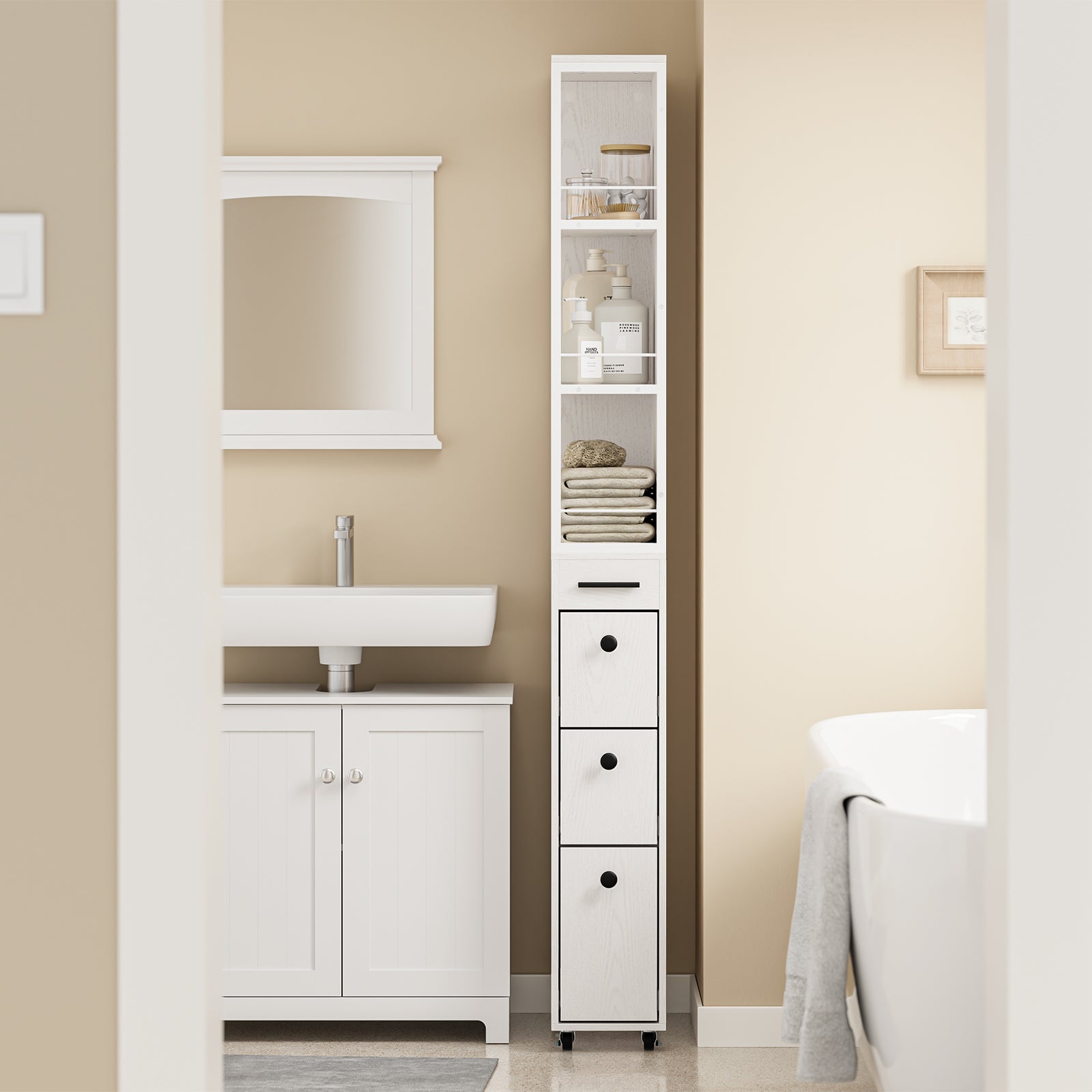 SoBuy Schmaler Schrank mit 4 Schubladen Creme Weiß Rollen 3 offene Böden 40x20x170 cm NSR13-WG