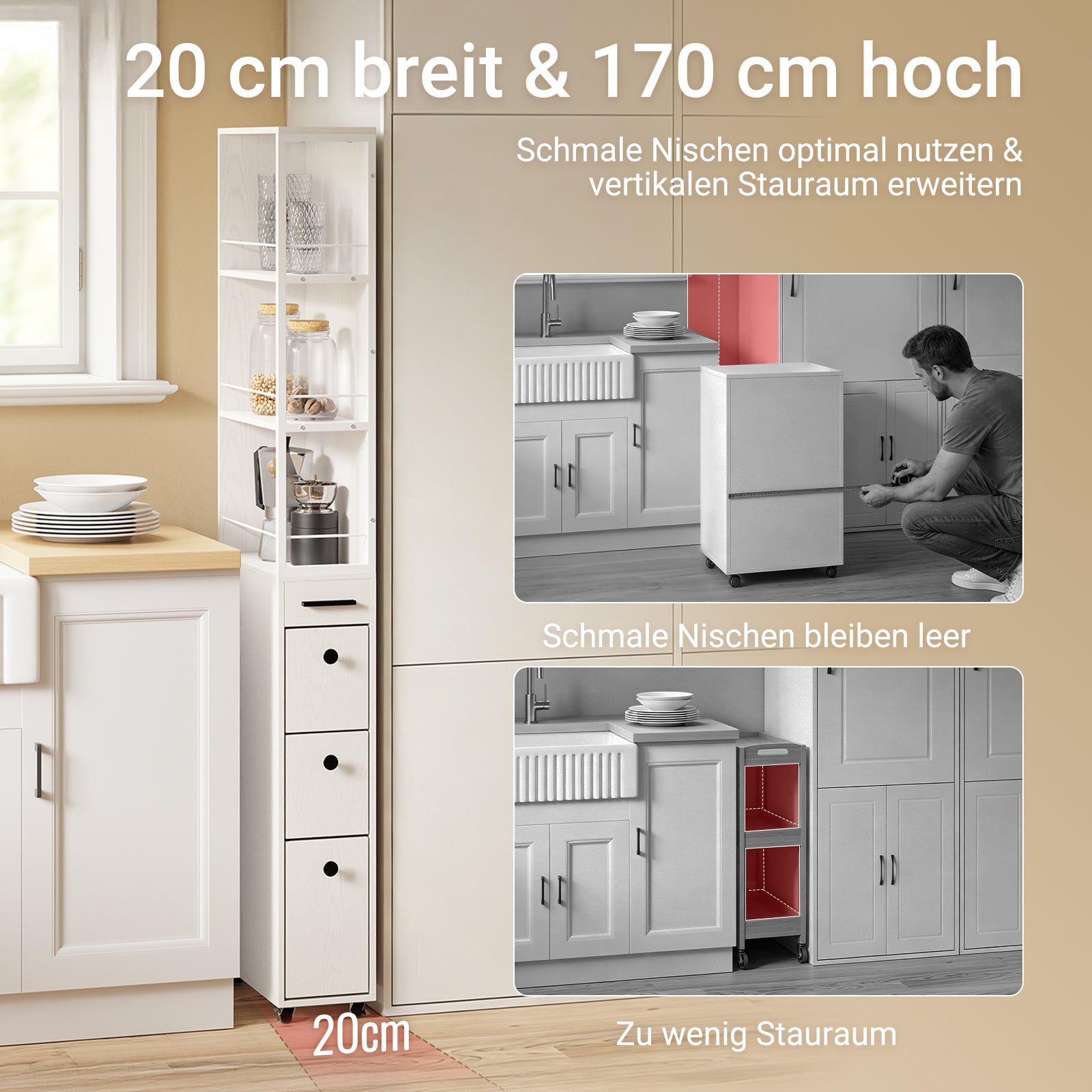 SoBuy Schmaler Schrank mit 4 Schubladen Creme Weiß Rollen 3 offene Böden 40x20x170 cm NSR13-WG