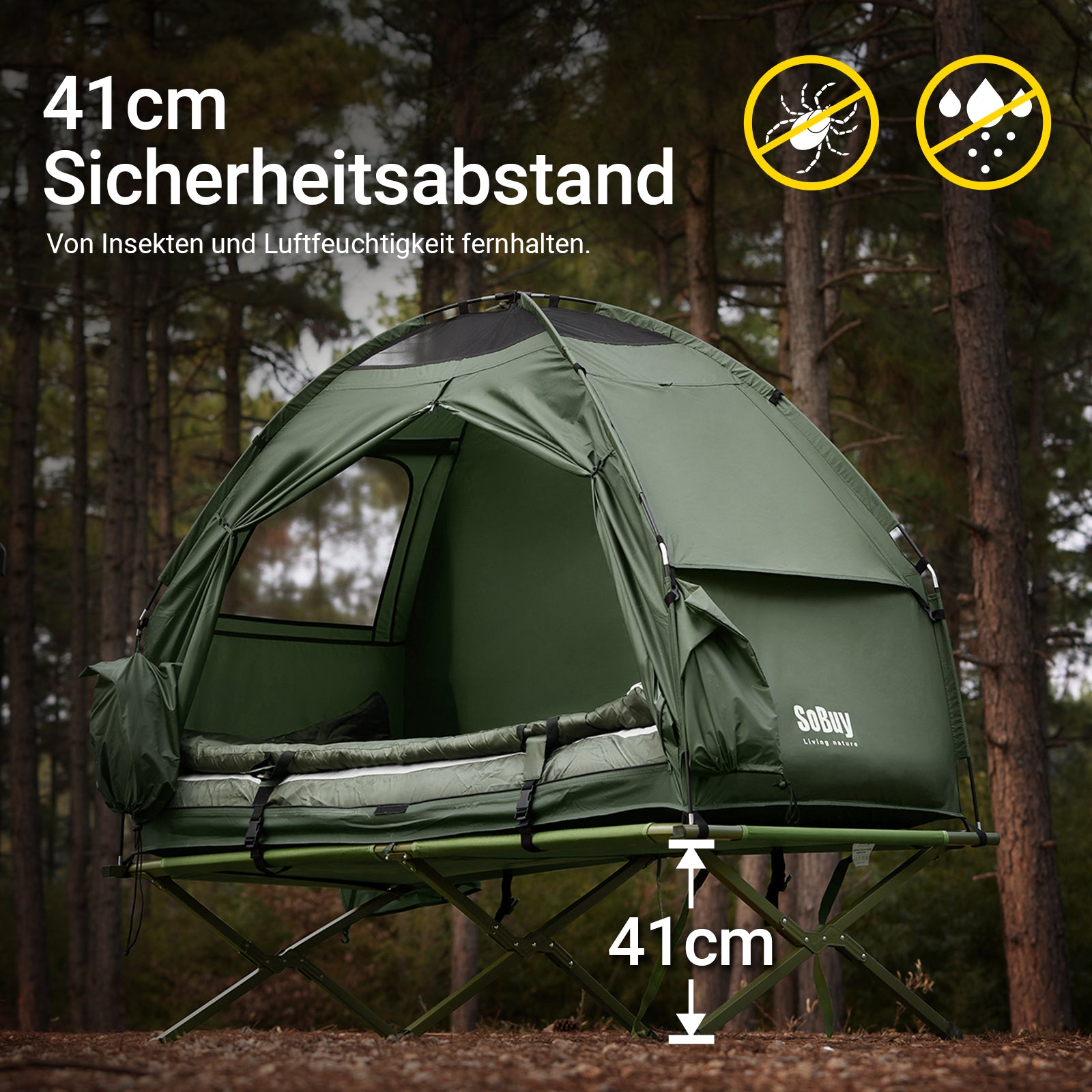 SoBuy Feldbett mit Zelt 1 Person – 7in1 Tent Cot Campingbett mit Zelt Off Ground Camping OGS32-GR –
