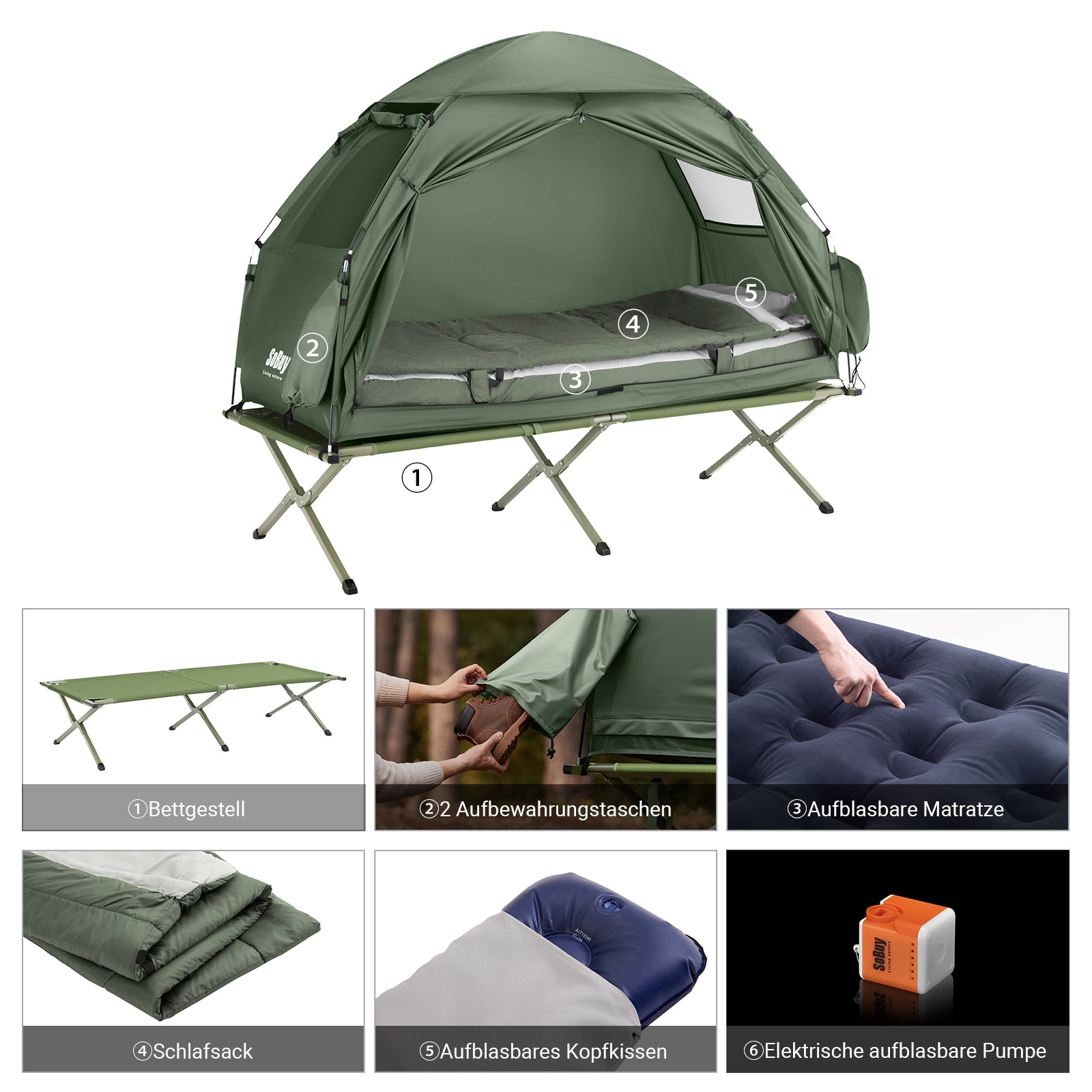 SoBuy | 7in1 Zelt Campingzelt 1 Person | Outdoor | Feldbett | Grün | 193x160x86cm | OGS32-GR