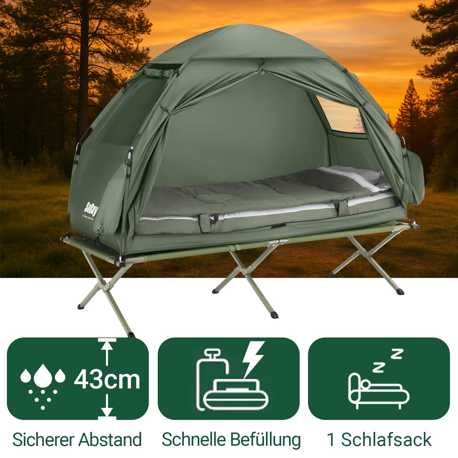 SoBuy Feldbett mit Zelt 7in1 Wurfzelt mit Luftpumpe, Rolltasche,  Schlafsack, Wasserdichtes Campingbett Outdoor Campingliege Familienzelt  Camping Tent Grün 193 x 160 x 86cm bis 114 kg OGS32-GR – SoBuy.de