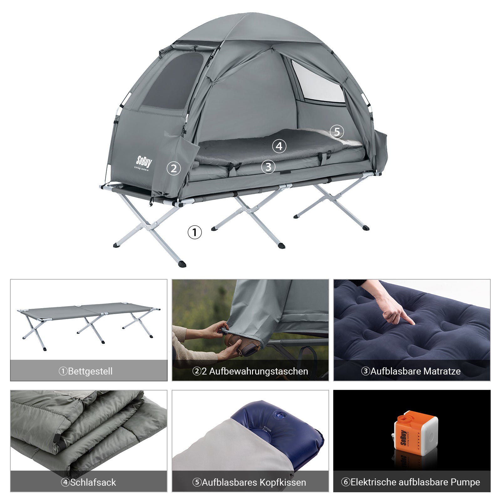 SoBuy | 7in1 Zelt Campingzelt | 1 Person | Outdoor | Feldbett | Hellgrau | 193x160x86cm | OGS32-HG