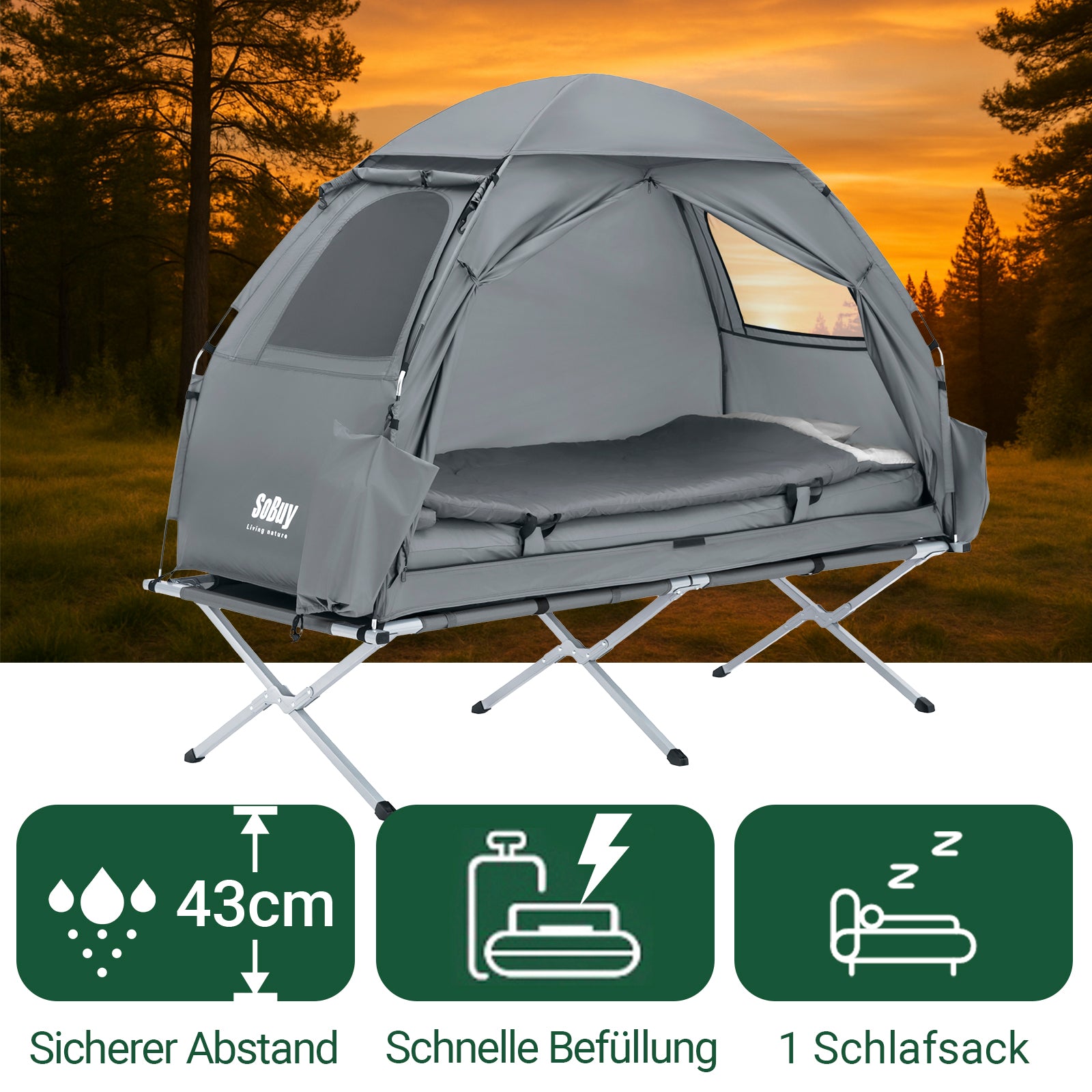 SoBuy Feldbett mit Zelt Campingbett Outdoor 7in1 Wurfzelt mit Luftpumpe  Hellgrau | 193x160x86cm