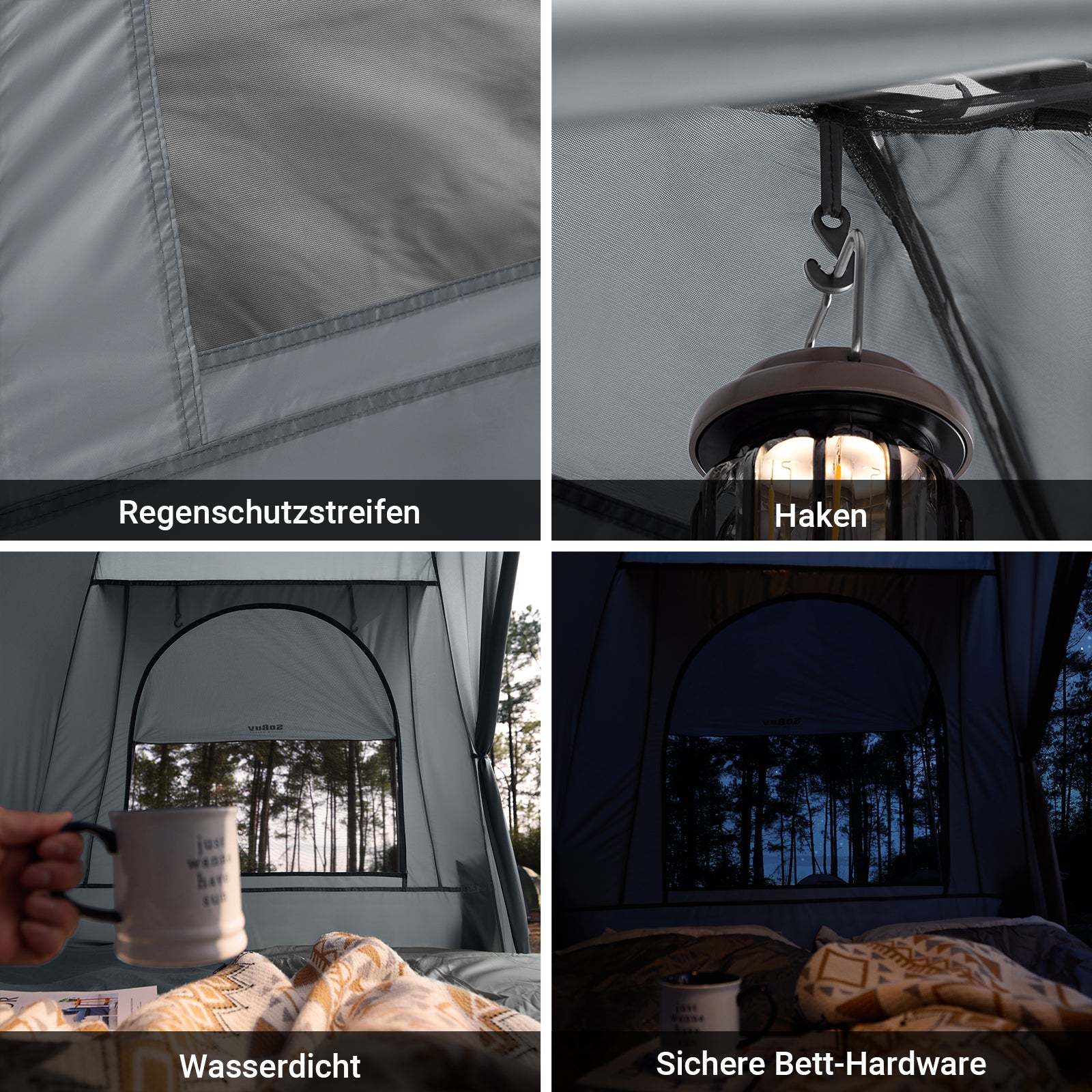 SoBuy | 3in1-Zelt Campingzelt Outdoor Feldbett 2 Person Grau 193x188x145cm | OGS32-II-L-HG