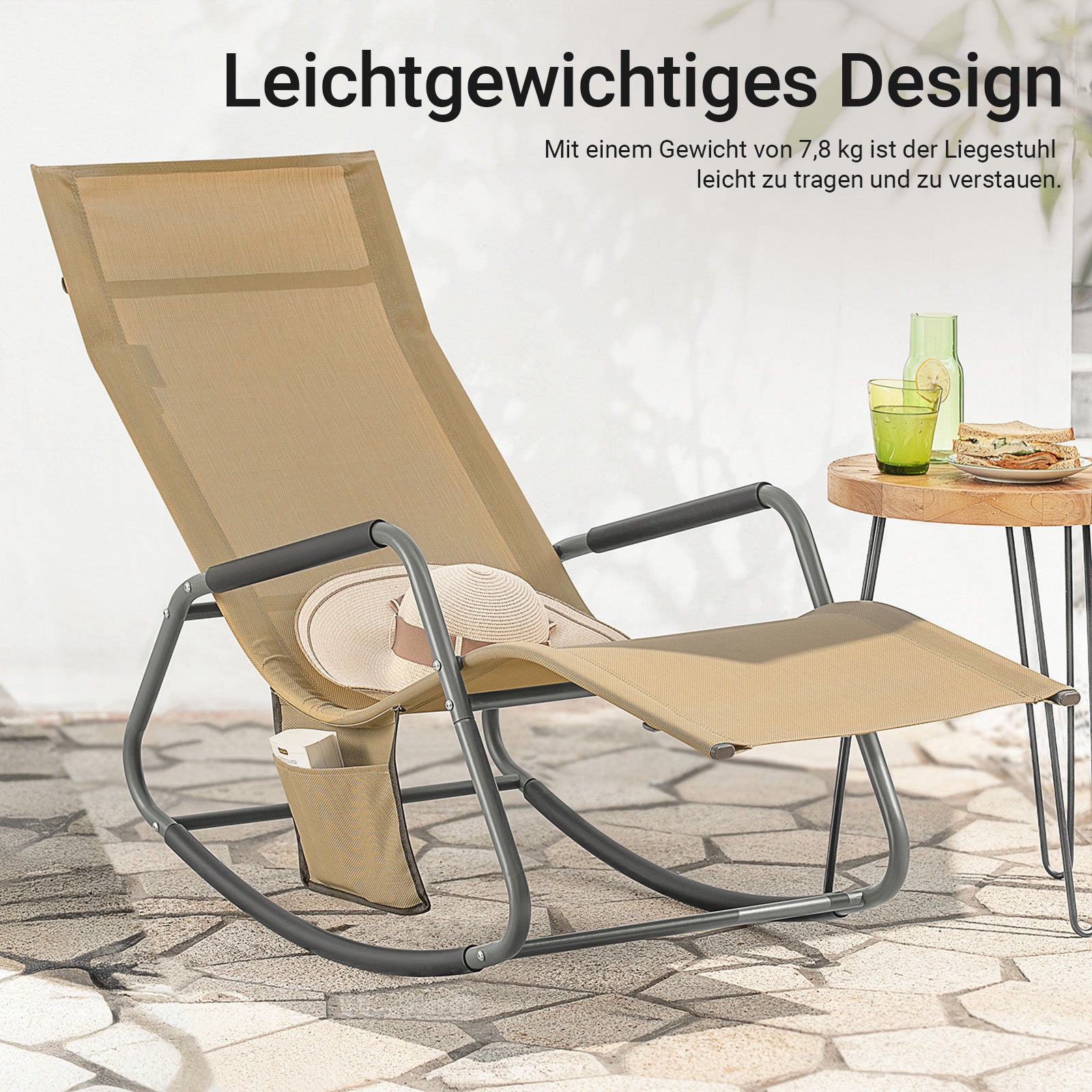 SoBuy | Schaukelliege | Sonnenliege mit Seitentasche | Gartenliege | Relaxstuhl | Schwungliege | Khaki | OGS47-KA