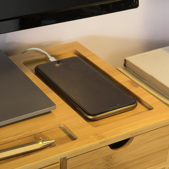 SoBuy | Monitorerhöhung | Monitorständer mit 3 Schubladen | Bambus | BBF03-N