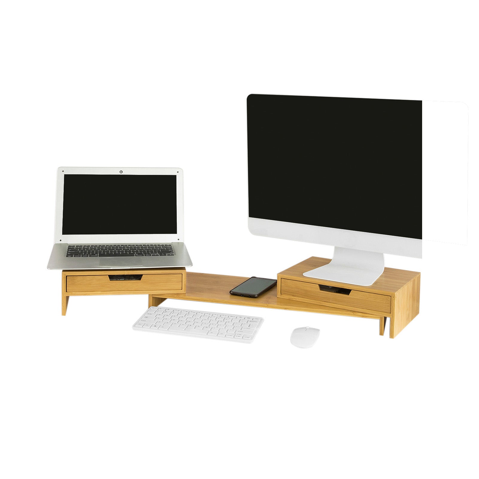 SoBuy | Design Monitorerhöhung | für 2 Monitore | Monitorständer mit 2  Schubladen | Bambus
