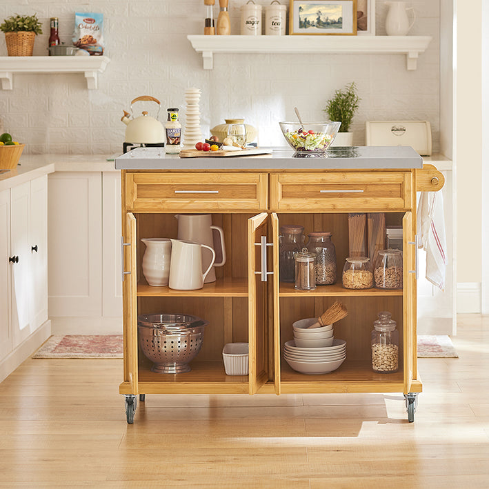 SoBuy | Kücheninsel | Küchenwagen mit erweiterbarer Arbeitsfläche | Küchenschrank Bambus | FKW69-N