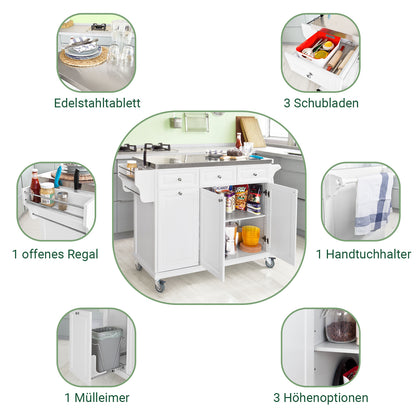 SoBuy | Kücheninsel | Küchenwagen mit Edelstahlplatte | Küchenschrank Weiß | FKW33-W