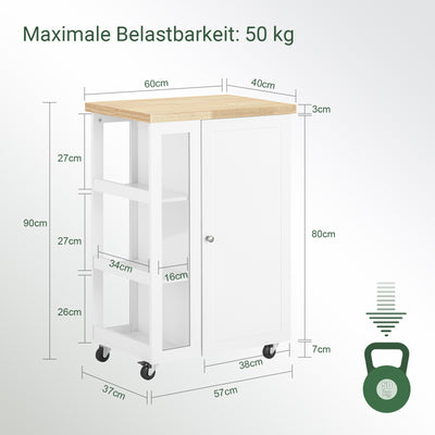 SoBuy | Küchenwagen Servierwagen | mit 3 Ablagefächern | Weiß-Natur | 60x90x40cm | FKW75-WN