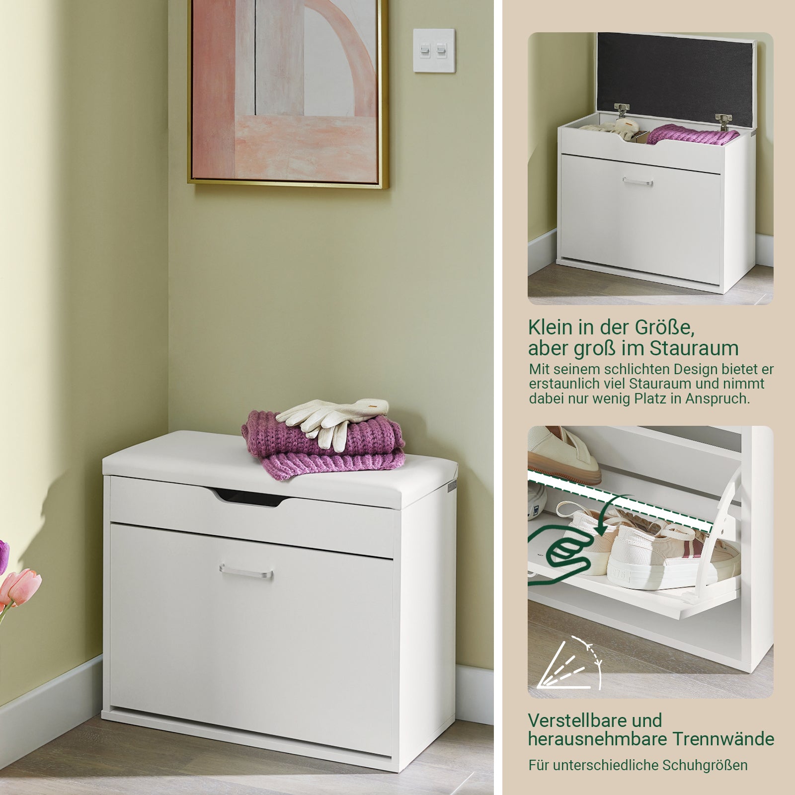 SoBuy | Schuhkipper | Schuhbank mit Sitzkissen | Sitzbank | Weiß | 60x50x30cm | FSR95-W