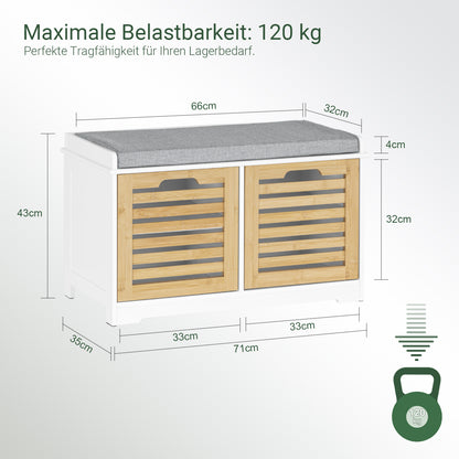 SoBuy | Schuhbank mit Sitzfläche | Sitzkommode mit 2 Türen | Schuhtruhe | Weiß-Natur | FSR23-II-WN