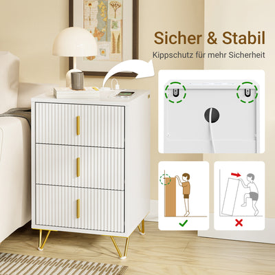 SoBuy | Nachttisch mit 3 Schubladen | Ladefunktion | USB und Type-C | Weiß | FBT115-L-E-W