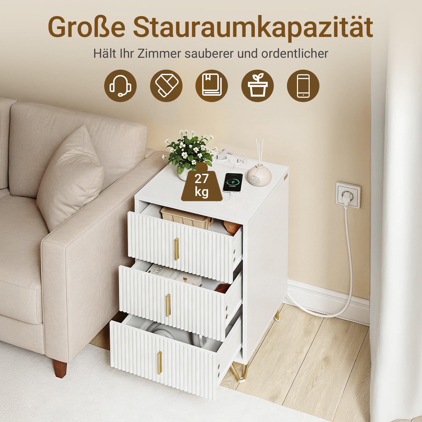 SoBuy | Nachttisch mit 3 Schubladen | Ladefunktion | USB und Type-C | Weiß | FBT115-L-E-W