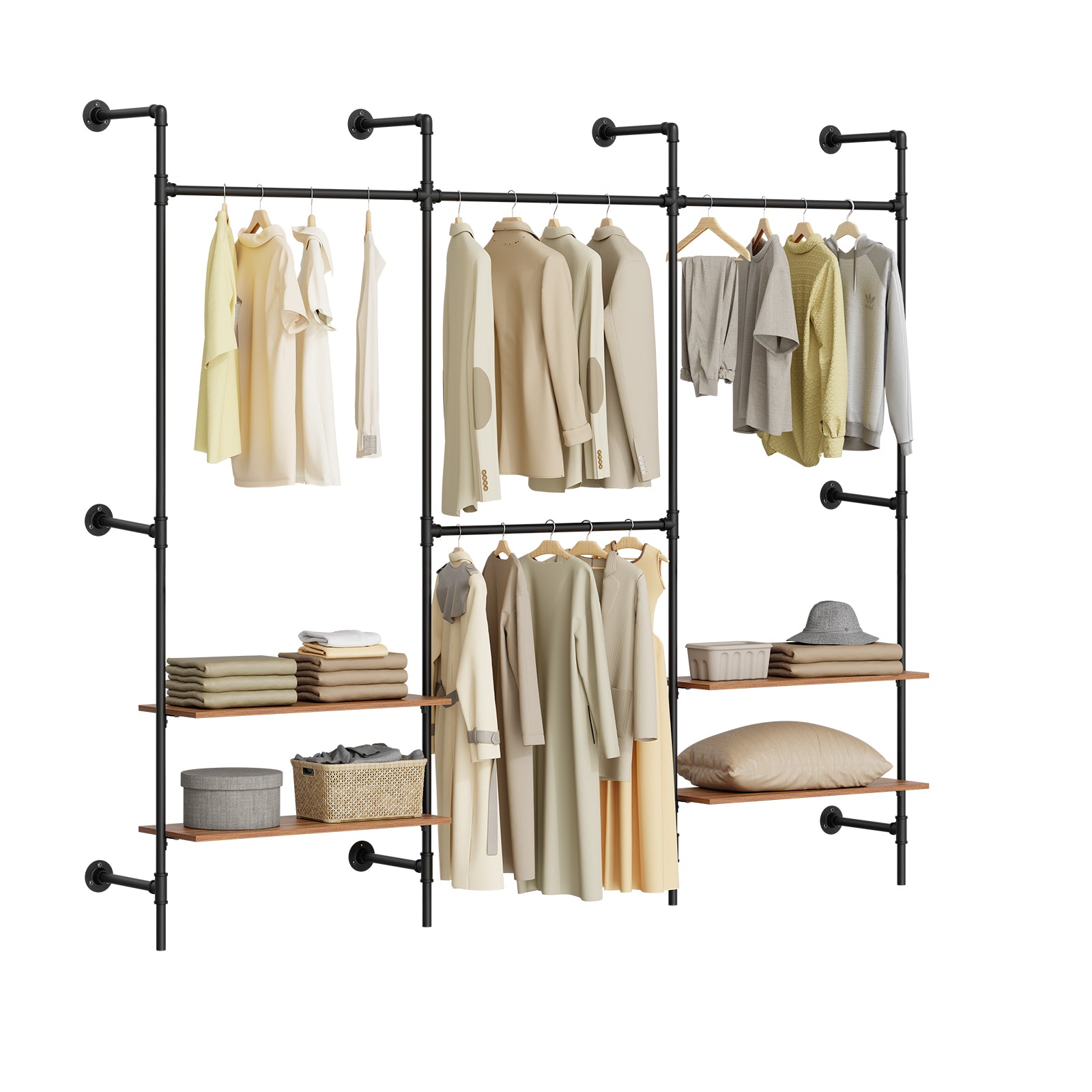 SoBuy Kleiderstange Wandmontage mit 4 MDF Regalböden 120kg Tragkraft  Schwarz KLS19-SCH