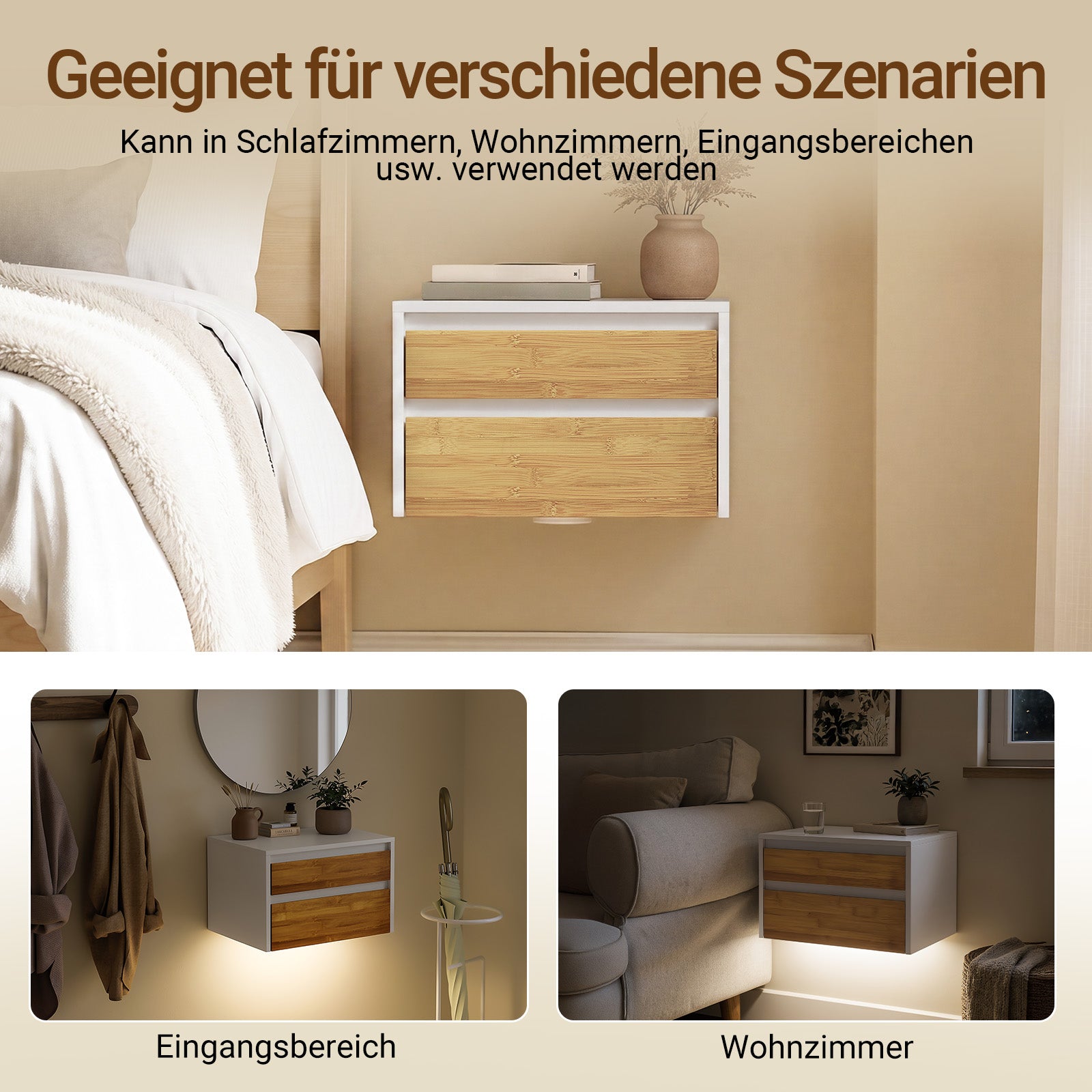 SoBuy Nachttisch hängend mit Sensorlicht und 2 Schublade Weiß FBT175-E-WN