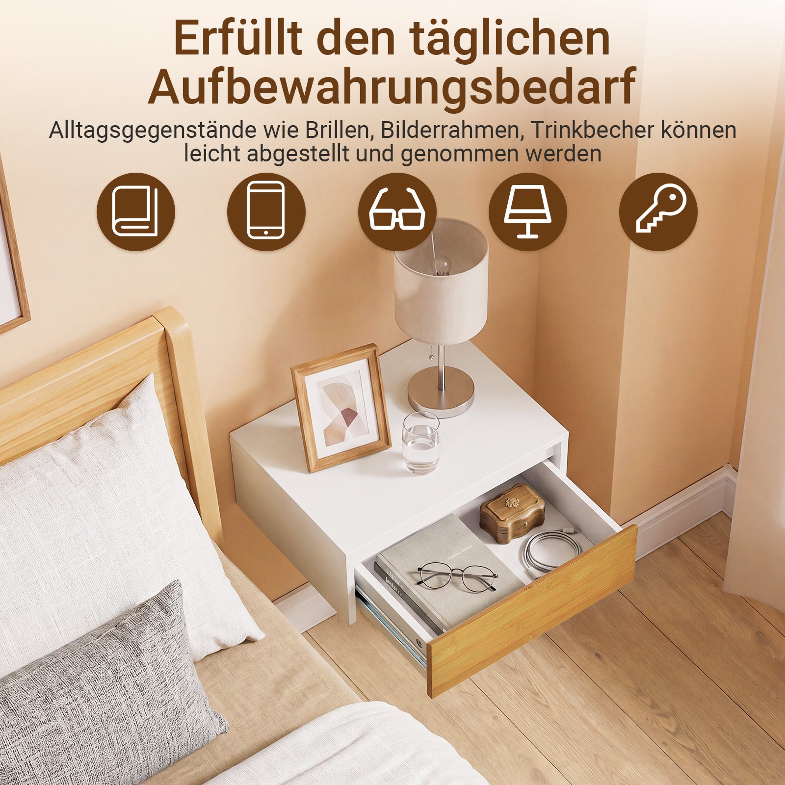 SoBuy Nachttisch hängend mit Sensorlicht und Schublade Weiß 40x29.8x15.6 cm FBT174-E-WN
