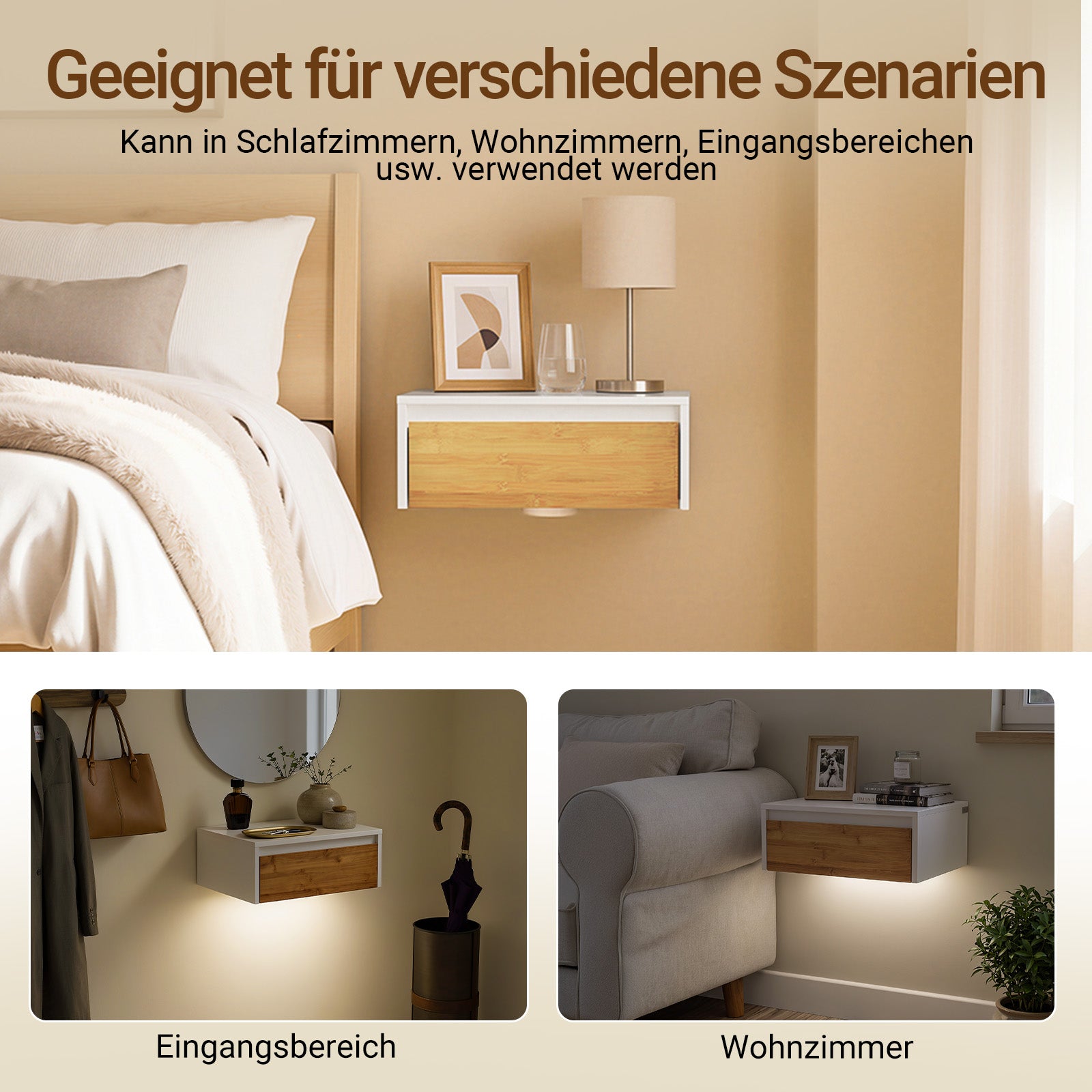 SoBuy Nachttisch hängend mit Sensorlicht und Schublade Weiß 40x29.8x15.6 cm FBT174-E-WN