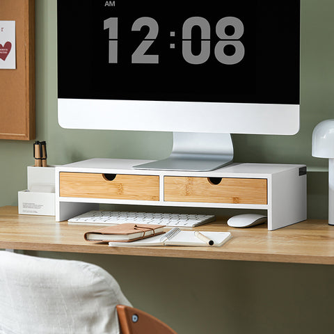 SoBuy | Monitorerhöhung | Monitorständer mit Schubladen | Weiß-Natur | BBF02-WN