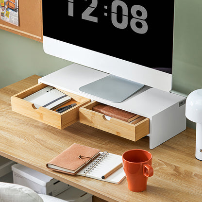 SoBuy | Monitorerhöhung | Monitorständer mit Schubladen | Weiß-Natur | BBF02-WN