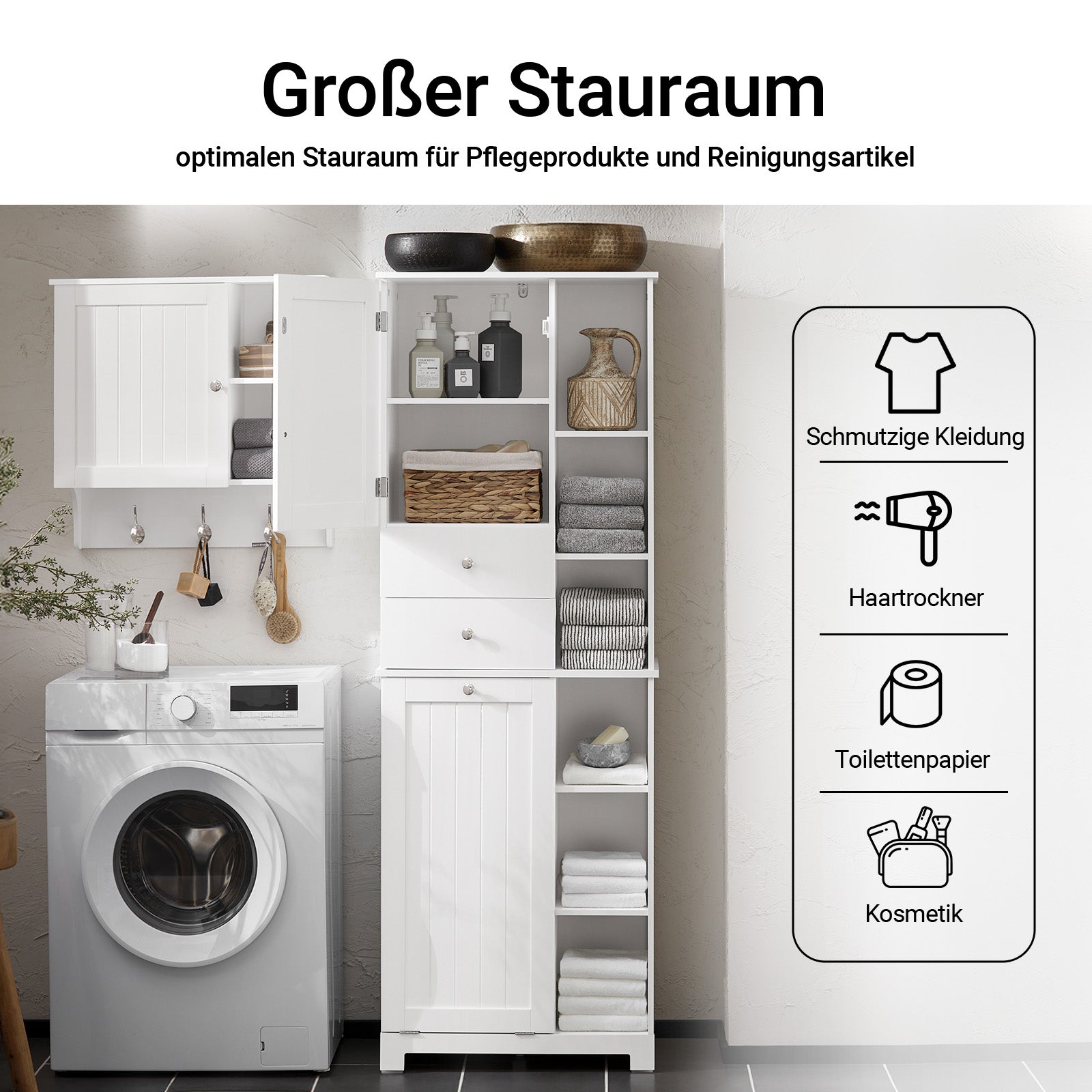 SoBuy | Hochschrank | mit ausklappbarem Wäschesack | Badschrank | Badregal | Weiß | BZR104-W