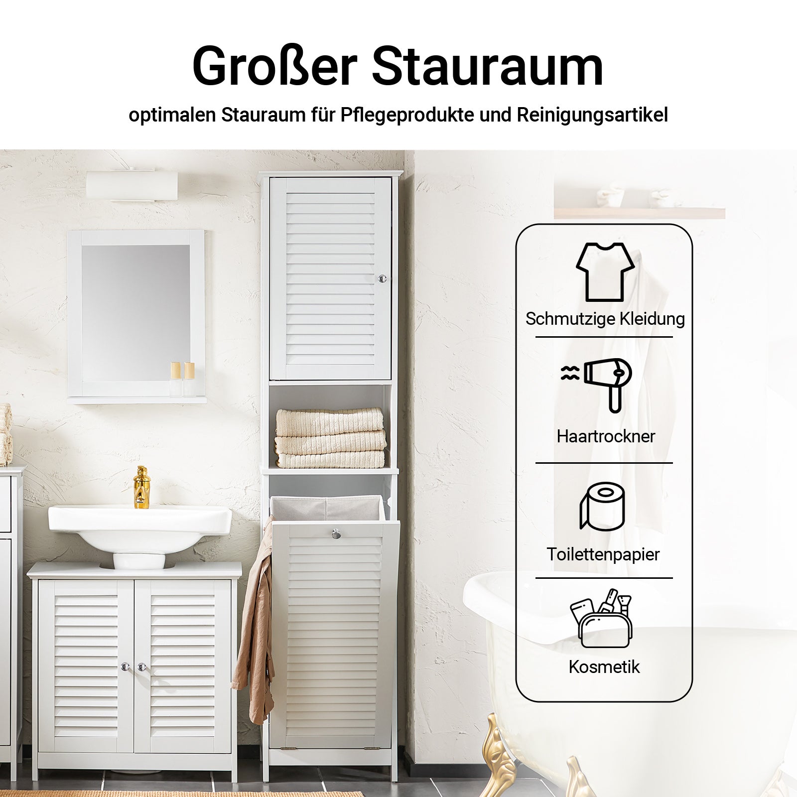 SoBuy | Hochschrank | mit ausklappbarem Wäschesack | schmal Wäscheschrank | Badregal | Weiß | BZR124-W