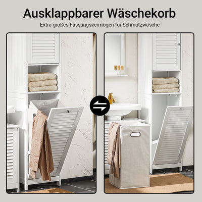 SoBuy Hochschrank mit ausklappbarem Wäschesack schmal Wäscheschrank Aufbewahrungssäule Weiß BZR124-W –