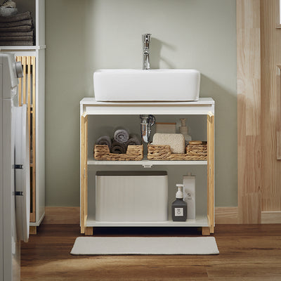 SoBuy | Waschbeckenunterschrank | Badschrank | Waschtisch | Weiß-Natur | BZR125-W