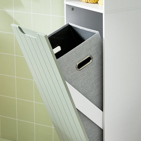 SoBuy | Hochschrank mit ausklappbarem Wäschesack | Badregal | schmal Wäscheschrank | Weiß-Grün | BZR137-GR