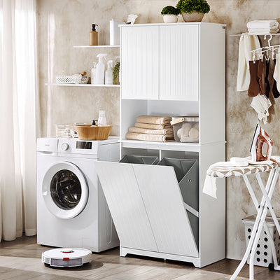 SoBuy | Hochschrank | Badschrank mit Wäschesack | Weiß | BZR150-W