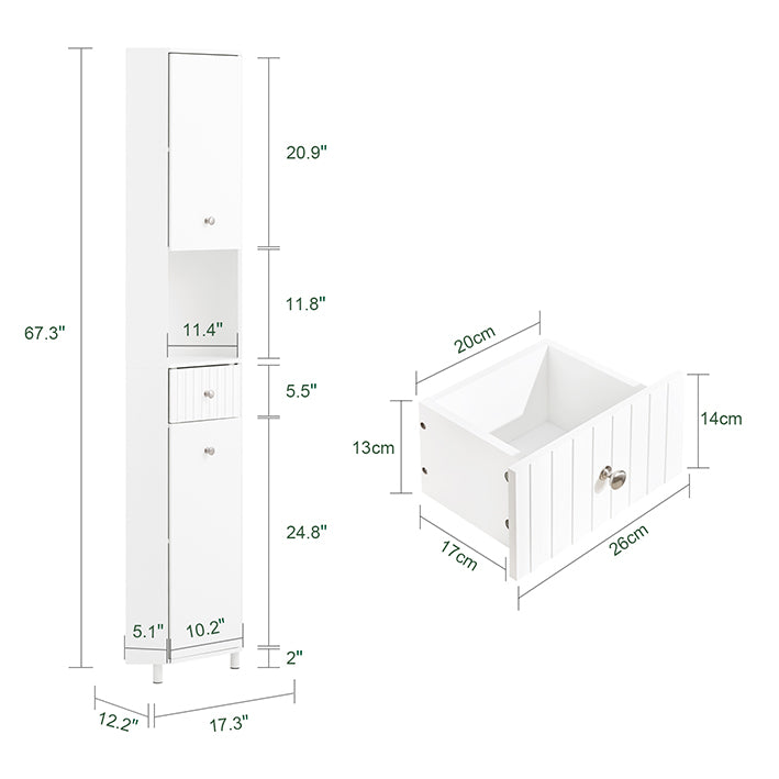 SoBuy | Hochschrank mit 2 Türen | Aufbewahrungsschrank | schmaler Badschrank Weiß | BZR193-W
