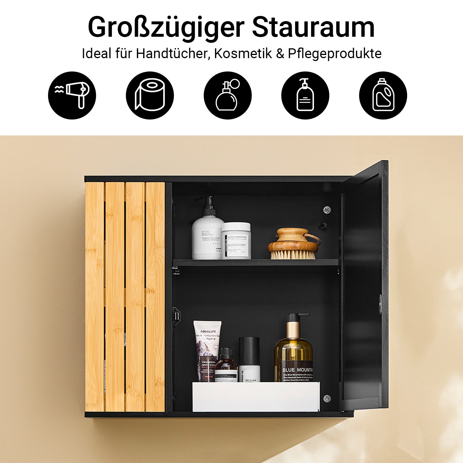 SoBuy | Badezimmerschrank hängend | mit Spiegel und seitlichen Fächern | 50x20x45cm | Schwarz | BZR204-SCH