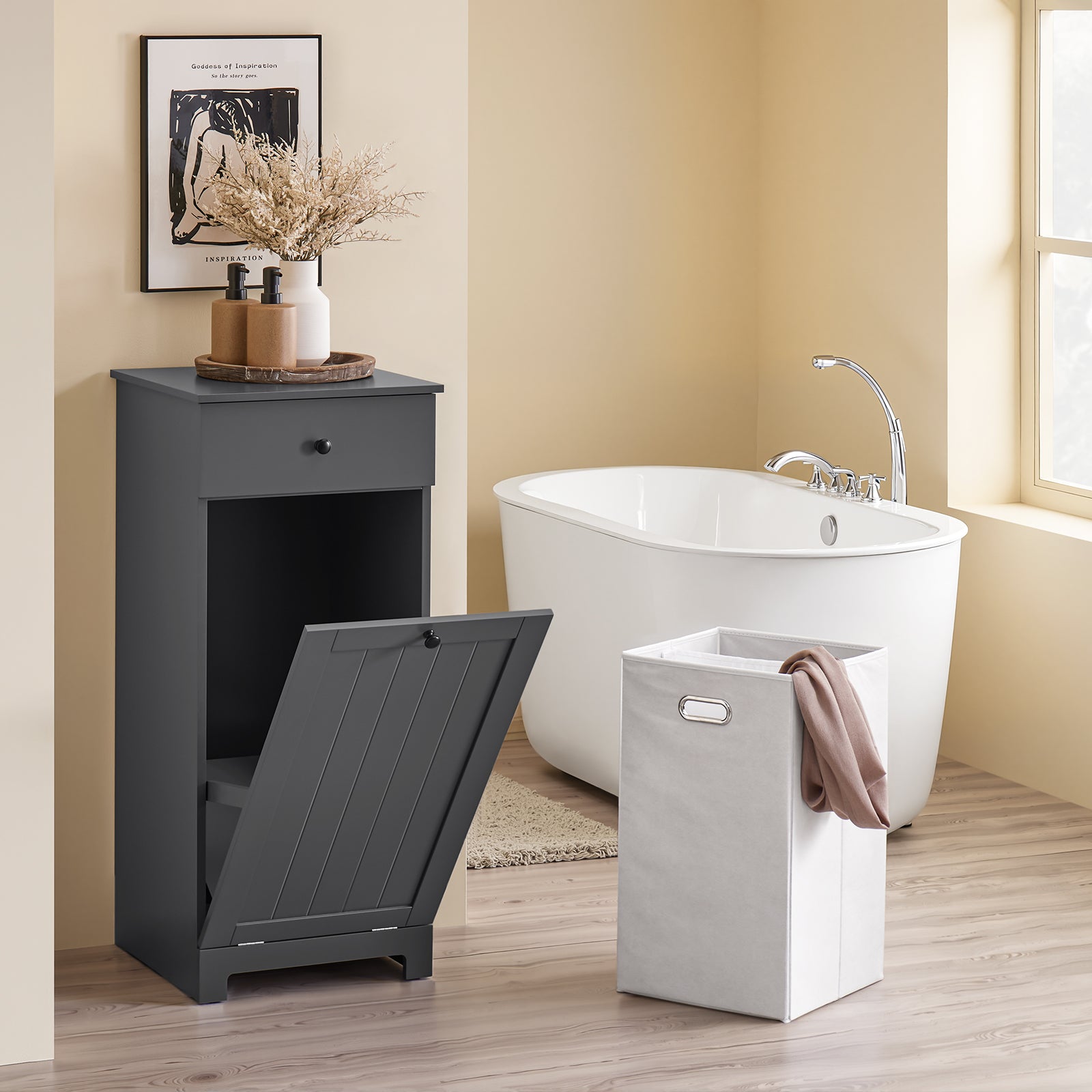 SoBuy | Wäscheschrank mit Wäschesack | Wäschesammler | Wäschekorb Dunkelgrau | BZR21-II-DG