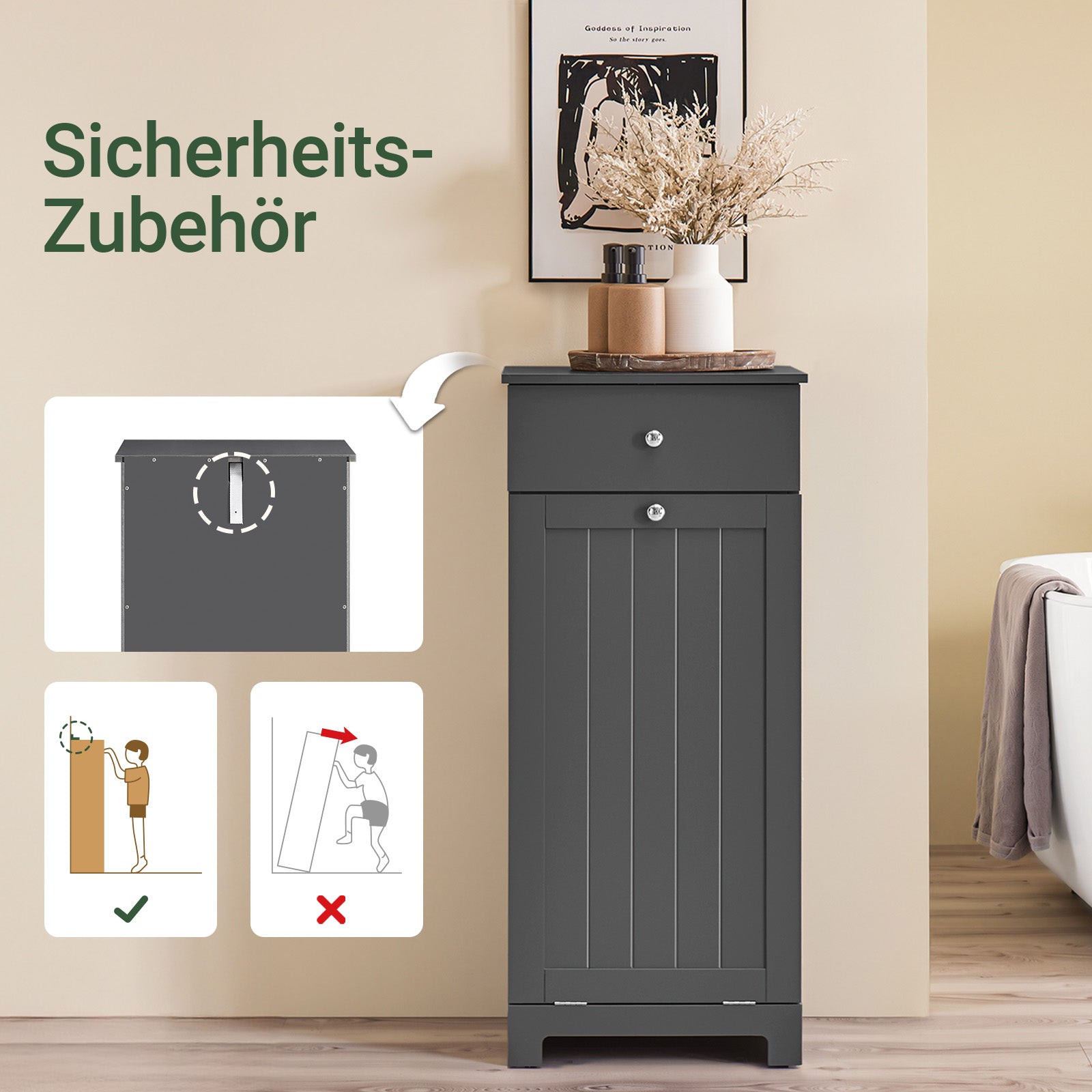 SoBuy | Wäscheschrank mit Wäschesack | Wäschesammler | Wäschekorb Dunkelgrau | BZR21-II-DG