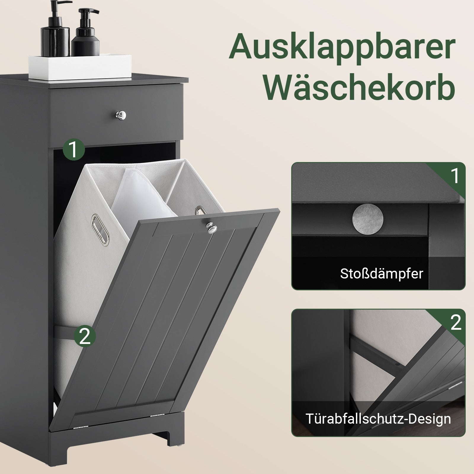 SoBuy | Wäscheschrank mit Wäschesack | Wäschesammler | Wäschekorb Dunkelgrau | BZR21-II-DG