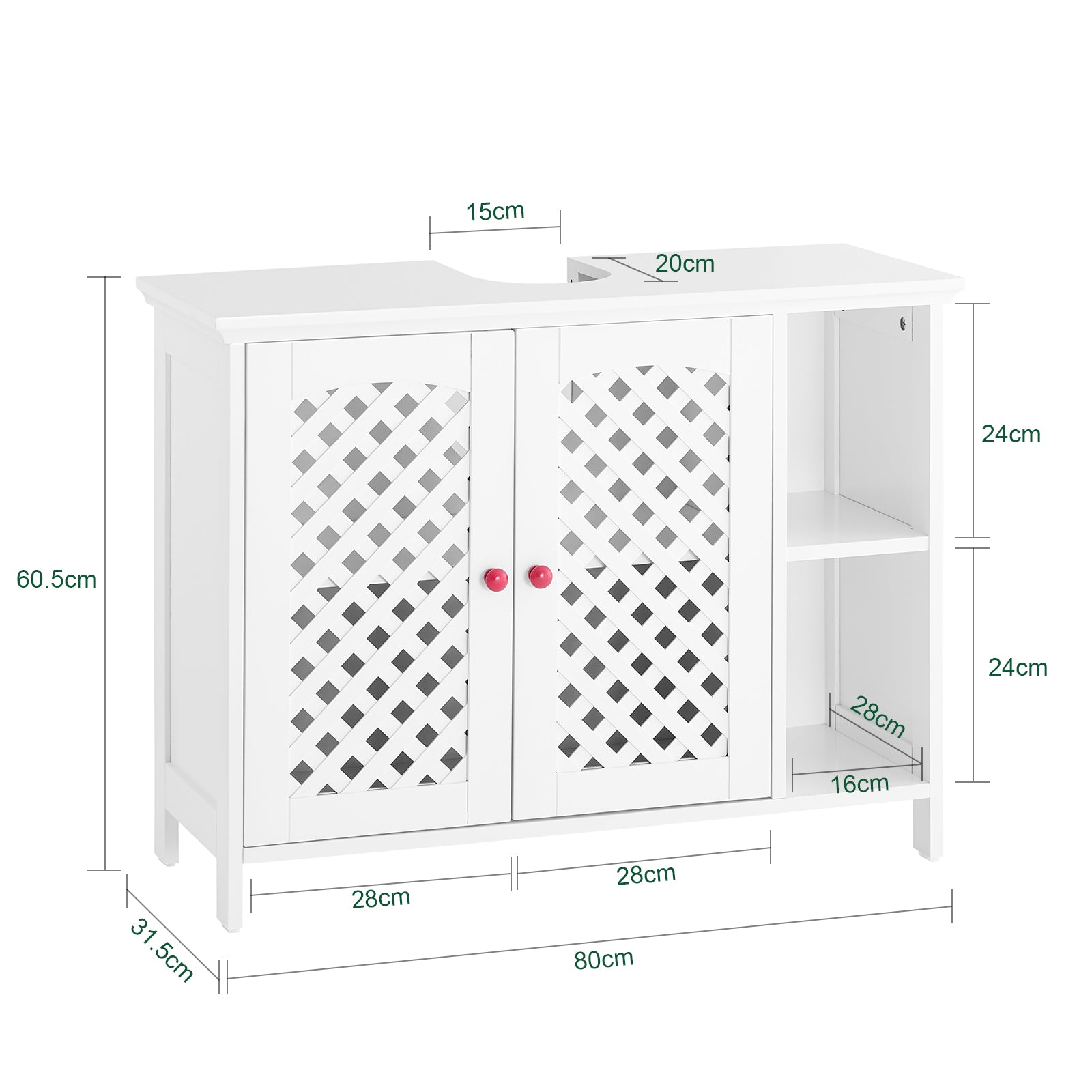 SoBuy | Waschbeckenunterschrank | Badezimmerschrank | mit 2 Türen & Offenem Regal | Weiß | BZR210-W