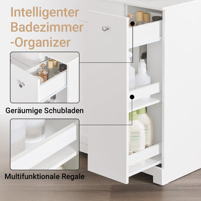 Vorverkauf | SoBuy | Badezimmerschrank | mit 1 Schublade | 2 Wäschekörben & Ausziehfach | Weiß | 78x38x90cm | BZR214-W