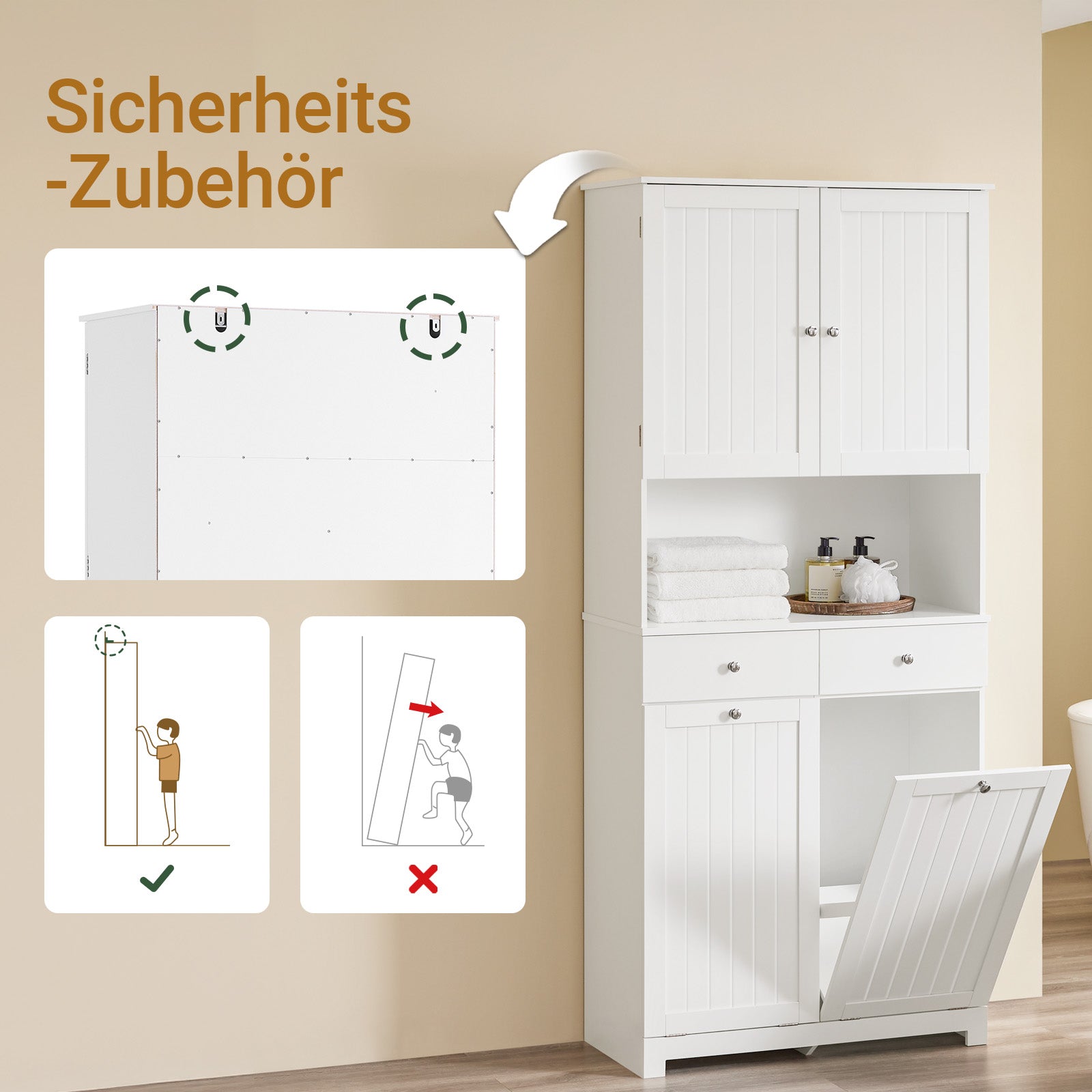 SoBuy | Hochschrank schmal | mit 2 Wäschekörben | 2 Schubladen | Weiß | BZR215-W