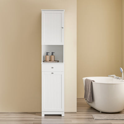SoBuy Schmaler Hochschrank mit Wäschekorb Badschrank Aufbewahrungssäule Weiß BZR216-W –