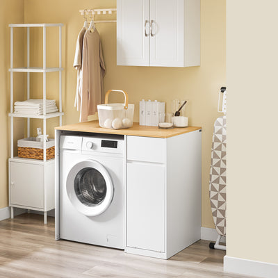 SoBuy Waschmaschinenschrank Badezimmerschrankmit Wäschekorb & Schublade, für Waschmaschine & Trockner, platzsparender Schrank in Weiß Holzoptik, 100x60x90cm, BZR217-WN –