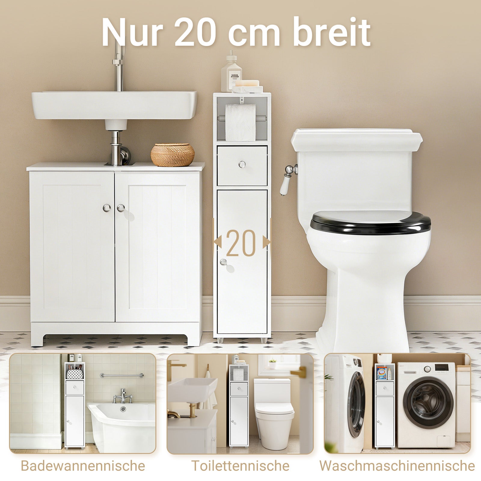 SoBuy | Badschrank Schmal 20cm | Toilettenpapierschrank mit Schublade Weiß | BZR219-W