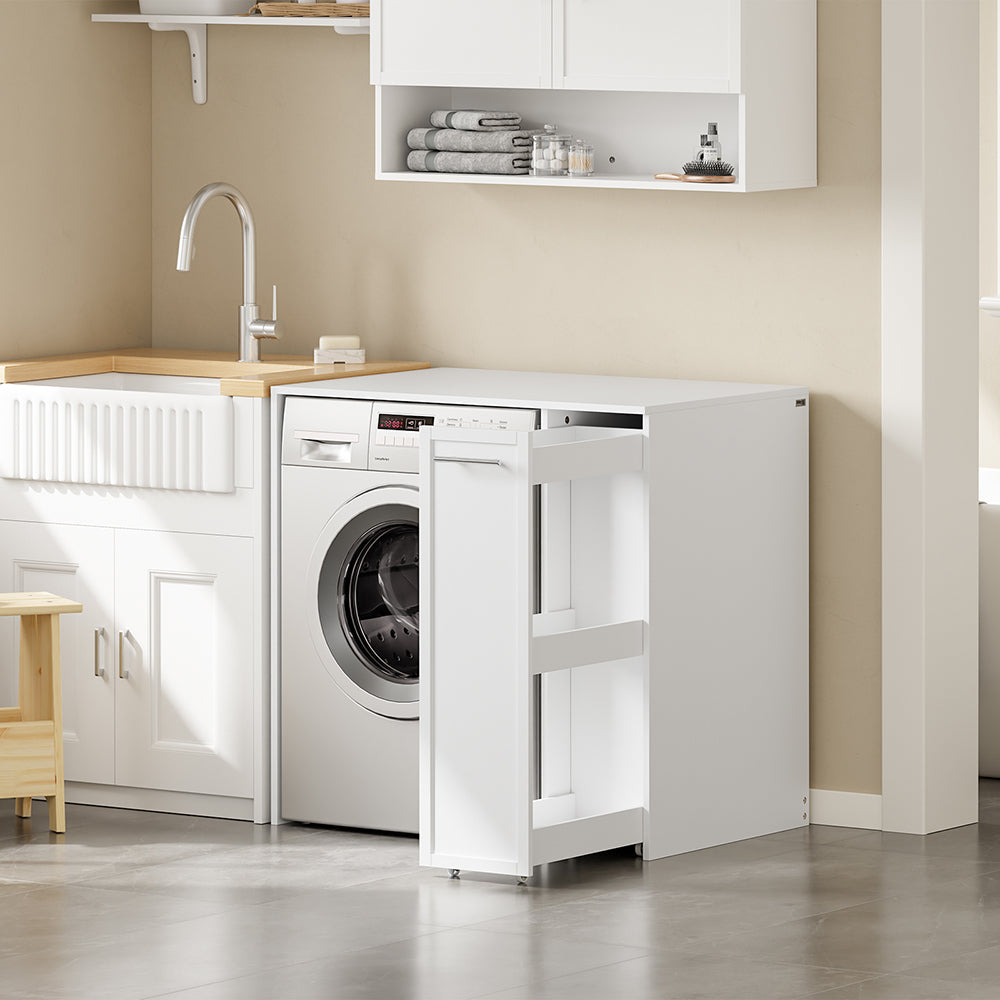 SoBuy | Waschmaschinenregal | Waschmaschinenunterschrank mit Schublade und Auszug | White | BZR229-W