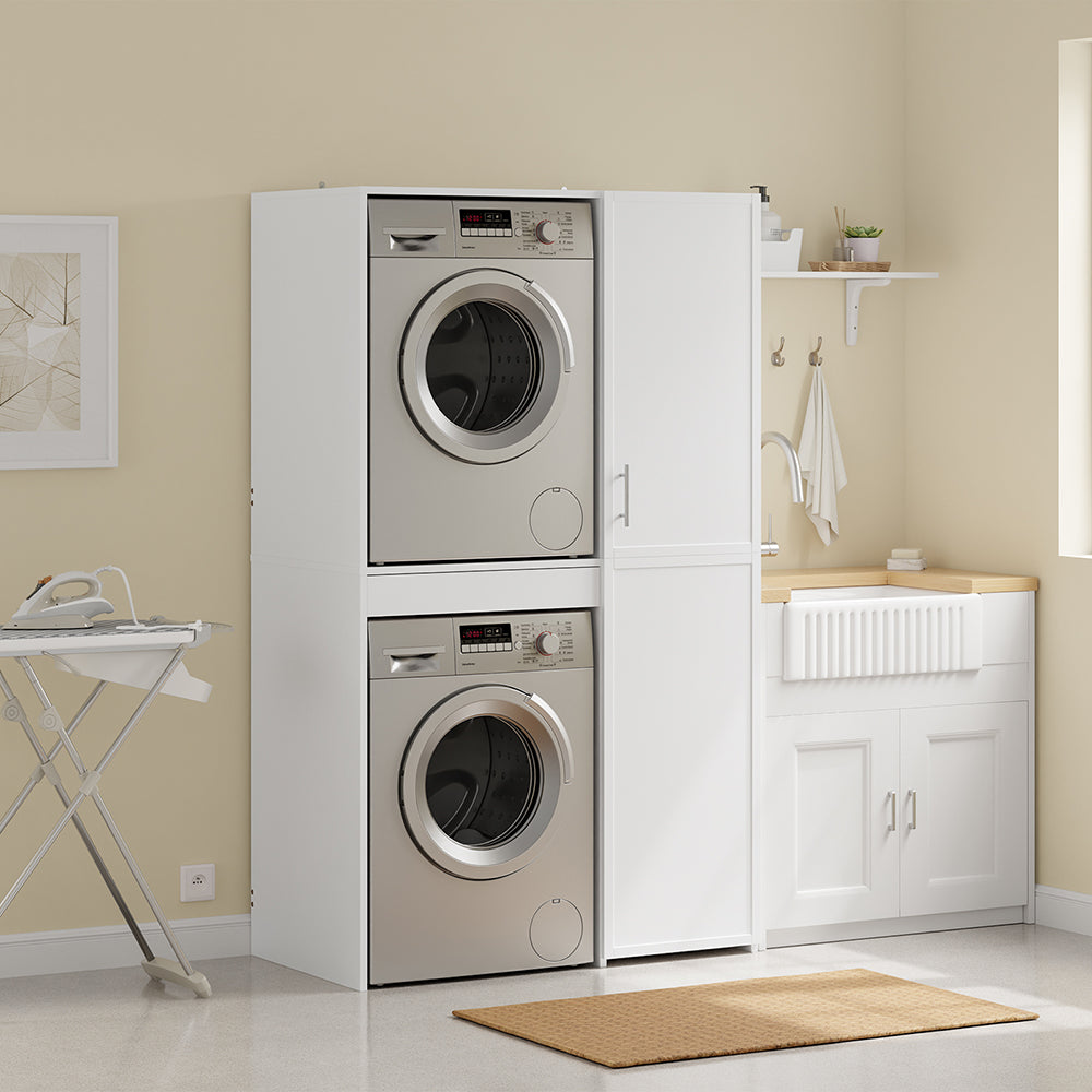 SoBuy | Wäschesammler | Waschmaschinenschrank mit Türen und Schublade | White | BZR231-W