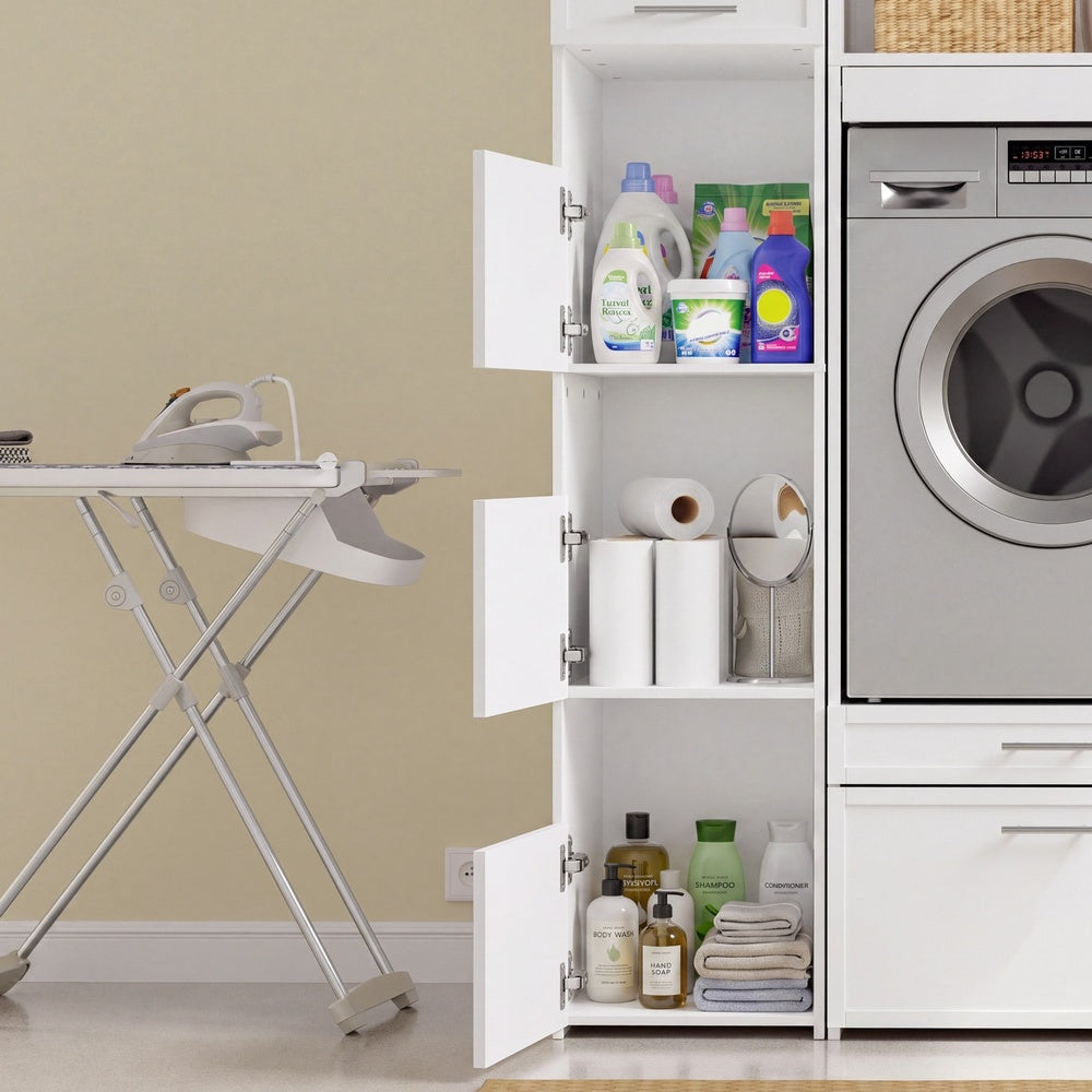 SoBuy | Wäschesammler | Mehrzweckschrank Weiß mit 4 Türen und Wäschesammler | White | BZR232-W