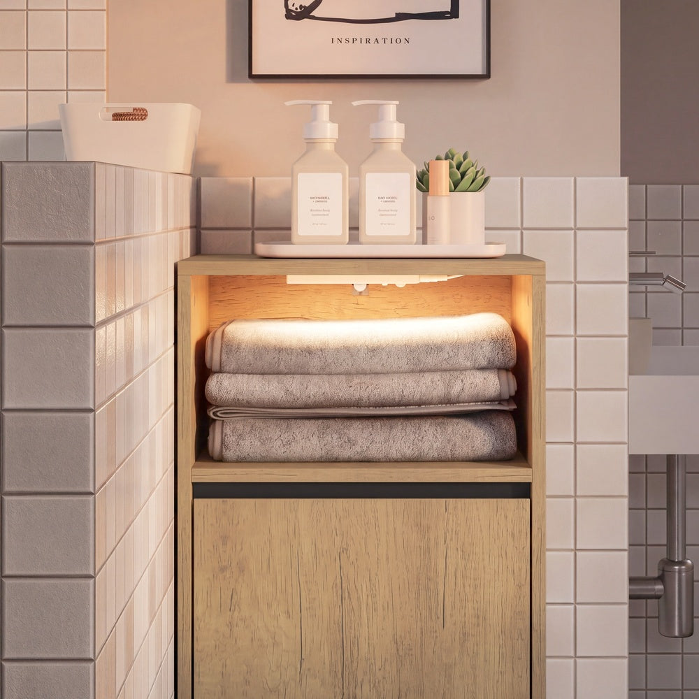 SoBuy Wäschesammler Badezimmerschrank schmal in Light Oak Helle Eiche 40×30×90 cm BZR236-E-N