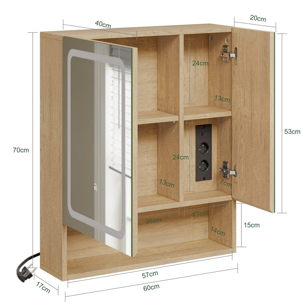 SoBuy Hangeschrank Spiegelschrank Bad mit Beleuchtung und Steckdose Helle Eiche BZR238-E-N