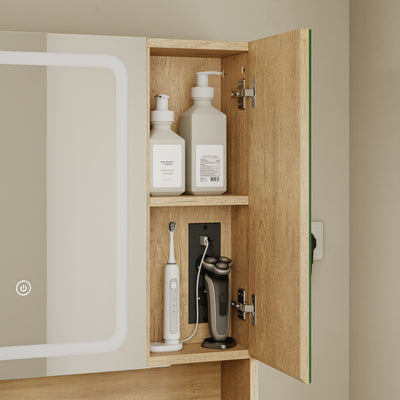 SoBuy Hangeschrank Spiegelschrank Bad mit Beleuchtung und Steckdose Helle Eiche BZR238-E-N