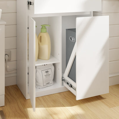 SoBuy | Badezimmer Hochschrank | Badezimmerschrank schmal mit Wäschekorb | Weiß | BZR241-E-W