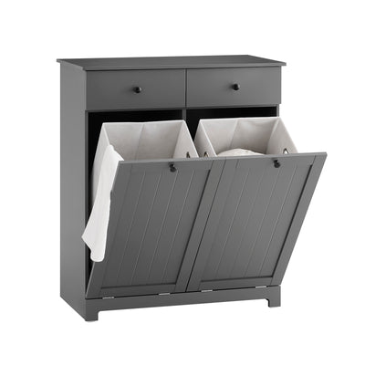 SoBuy Badezimmerschrank mit Wäschekorb - Badschrank mit 2 Wäschesäcken, 2 Schubladen - Stabiler Wäscheschrank für Bad, Waschküche, Wohnung